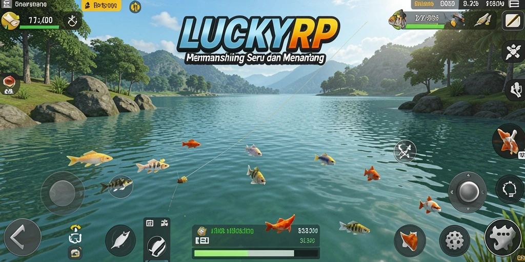 Screenshot gameplay LUCKYRP menampilkan momen memancing yang seru dan pemandangan alam yang menawan.